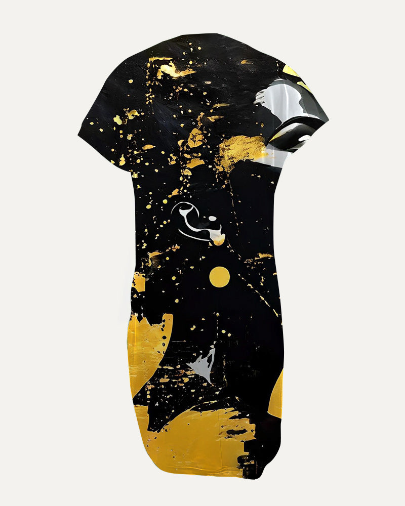 Crewneck Raglan-Sleeve Pocket Dress with Artistic Portrait Prints