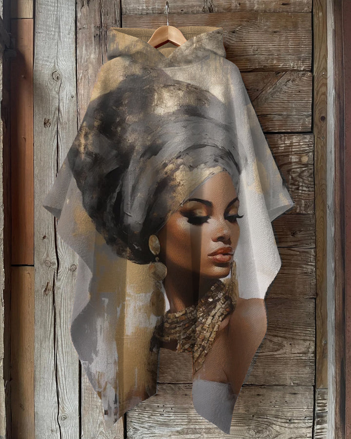 Elegant Woman Portrait with Turban Hooded Warm Shawl Cape