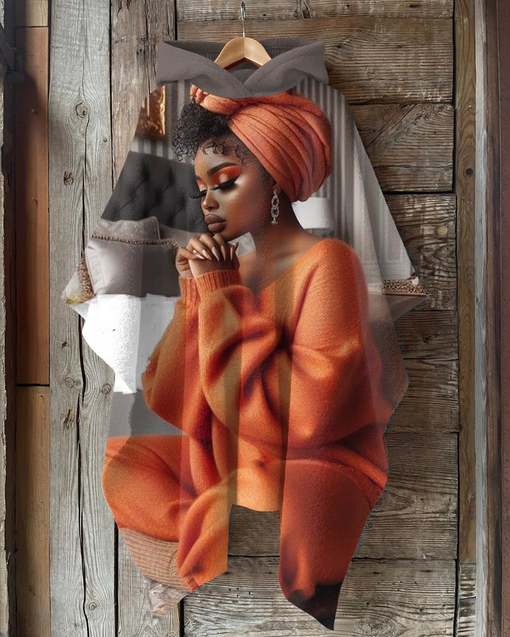 Black Woman Praying Hooded Warm Shawl Cape