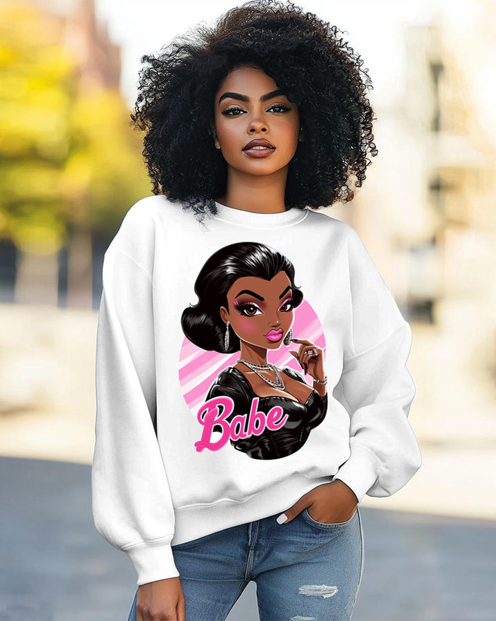 Fashion Doll Print Round Neck Long Sleeve Casual Sweatshirt