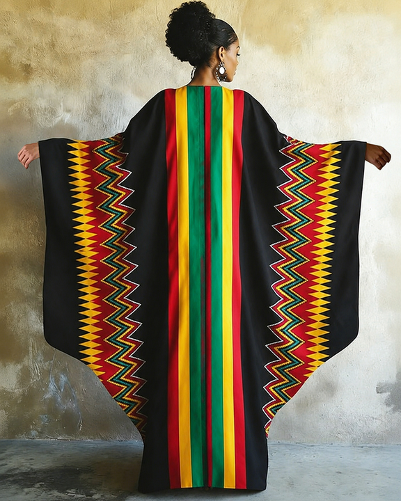 Reggae Color-blocked Stripes Print V-neck Long Kaftan