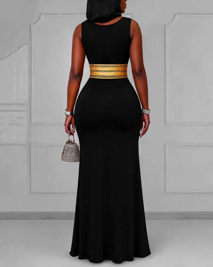 Cutout Off-shoulder V-neck Black Culture Egyptian Anka Symbol Sleeveless Bodycon Party Dress
