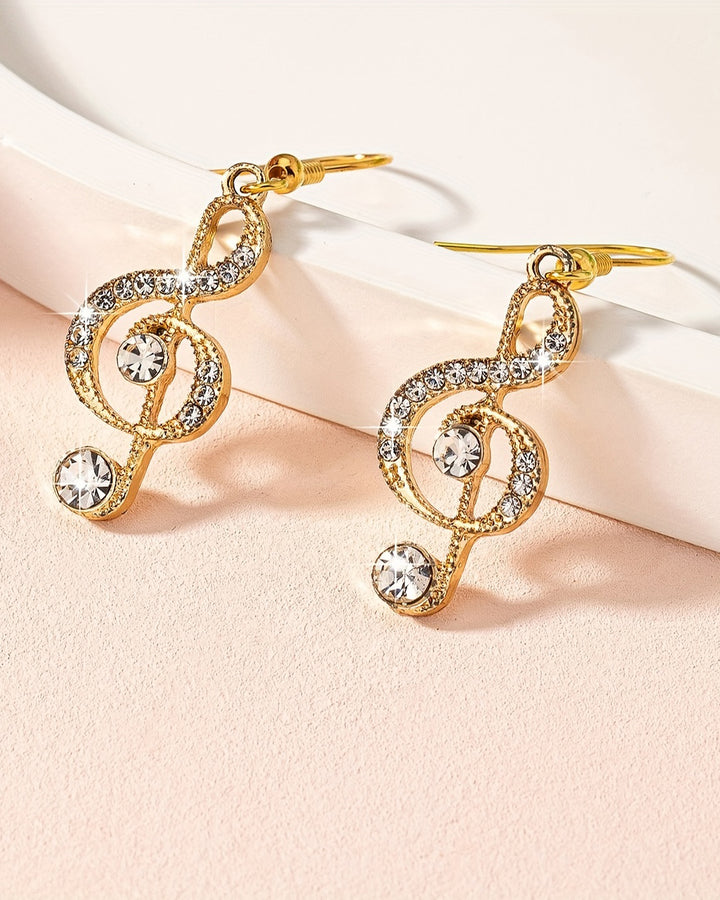 Elegant Music Note Dangle Earrings with Sparkling Rhinestones