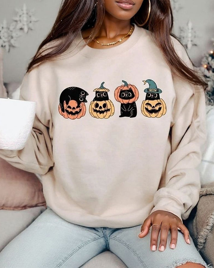 Halloween Cat & Pumpkin Cotton Long Sleeve Sweatshirt