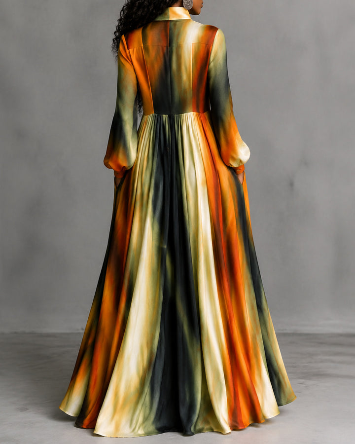 Gradient Color Stripes Long Sleeves Buttoned Pleated Pockets Maxi Dresses Shirt Dress