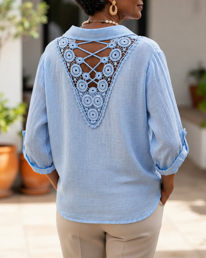 Loose Fit Collared Shirt with Lace Panel Back