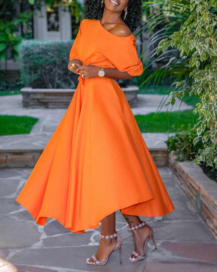 Asymmetrical Shoulder Tie-up Puff Sleeve Solid Color Maxi Dress