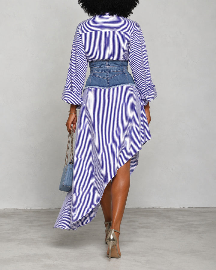 Striped Collared Denim Belt Shirt Midi Dress