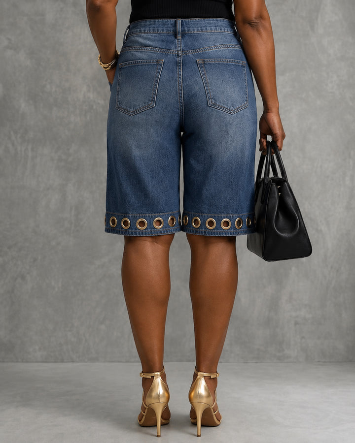 High Waisted Wide Leg Buttoned Hollow Pockets Split-Joint Jean Pants Bottoms Shorts Bottoms