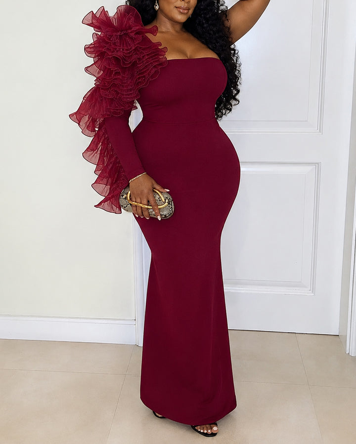 Organza Ruffle Long Sleeve Formal Evening Gown