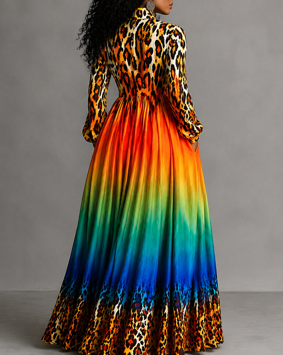 Gradient Leopard Print Patchwork Long Sleeves Buttoned Pleated Pockets Maxi Dresses Shirt Dress