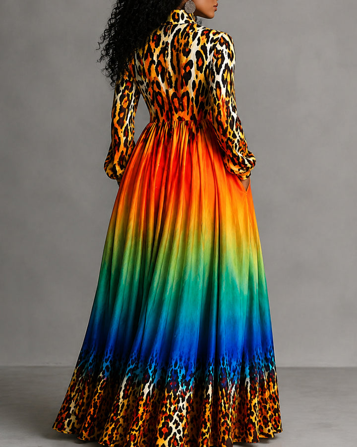 Gradient Leopard Print Patchwork Long Sleeves Buttoned Pleated Pockets Maxi Dresses Shirt Dress