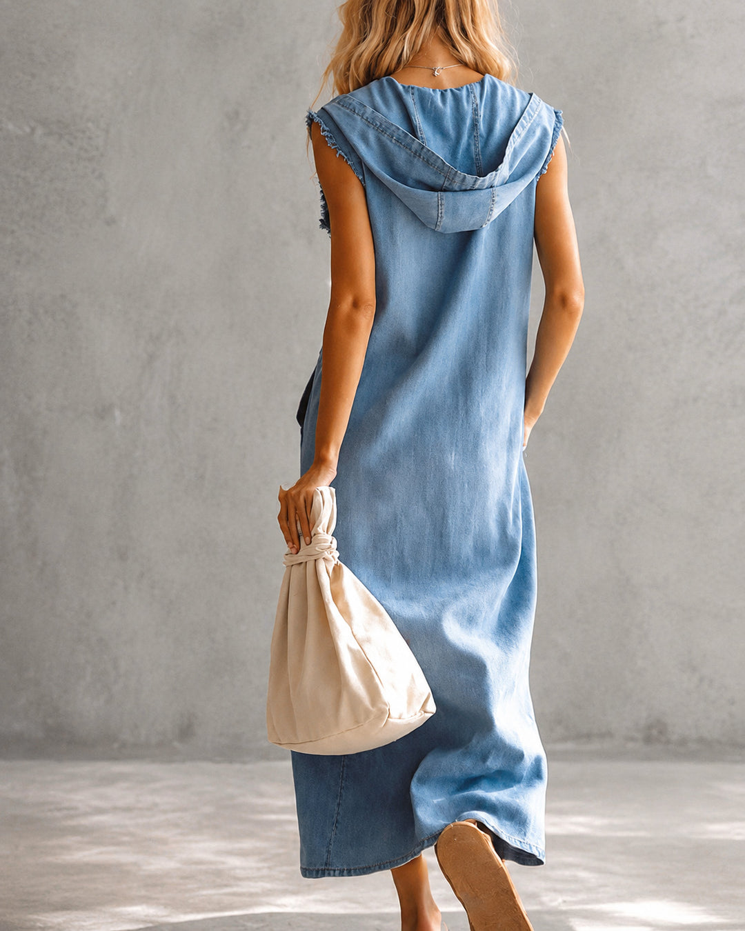 Vintage Casual Hooded V-neck Zipper Side Slits Buttons Denim Midi Dress