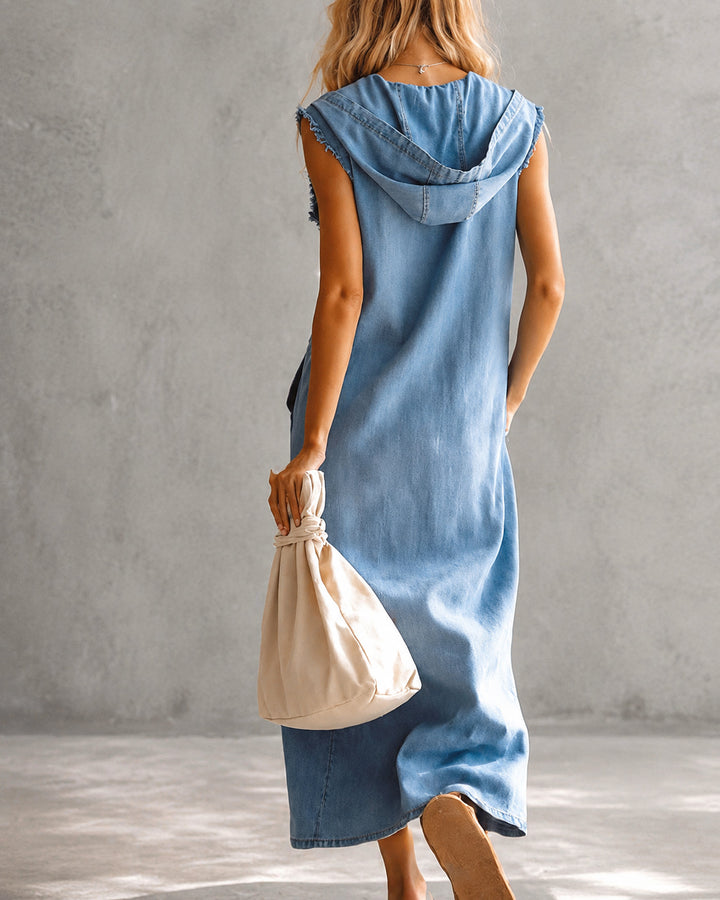 Vintage Casual Hooded V-neck Zipper Side Slits Buttons Denim Midi Dress