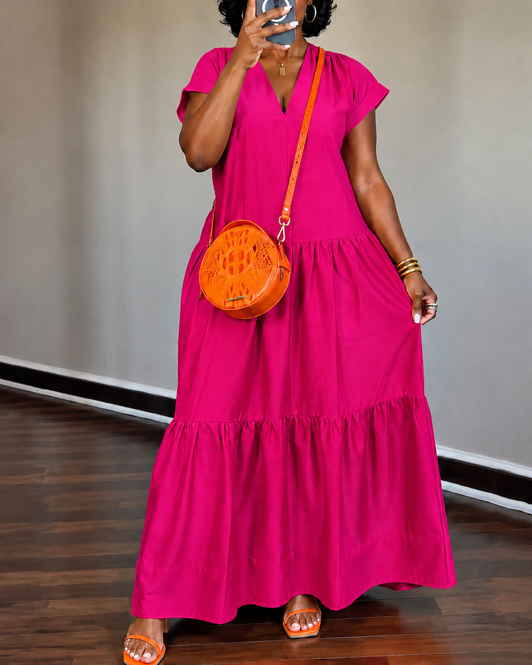 Solid Color V-neck Short-sleeved Dress with Ruffled Hem