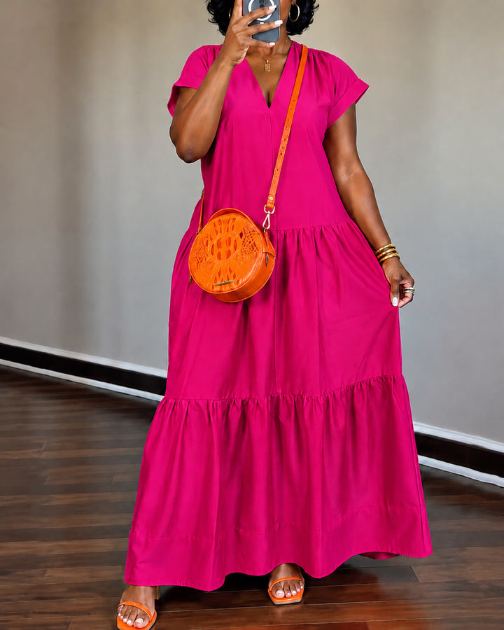 Solid Color V-neck Short-sleeved Dress with Ruffled Hem
