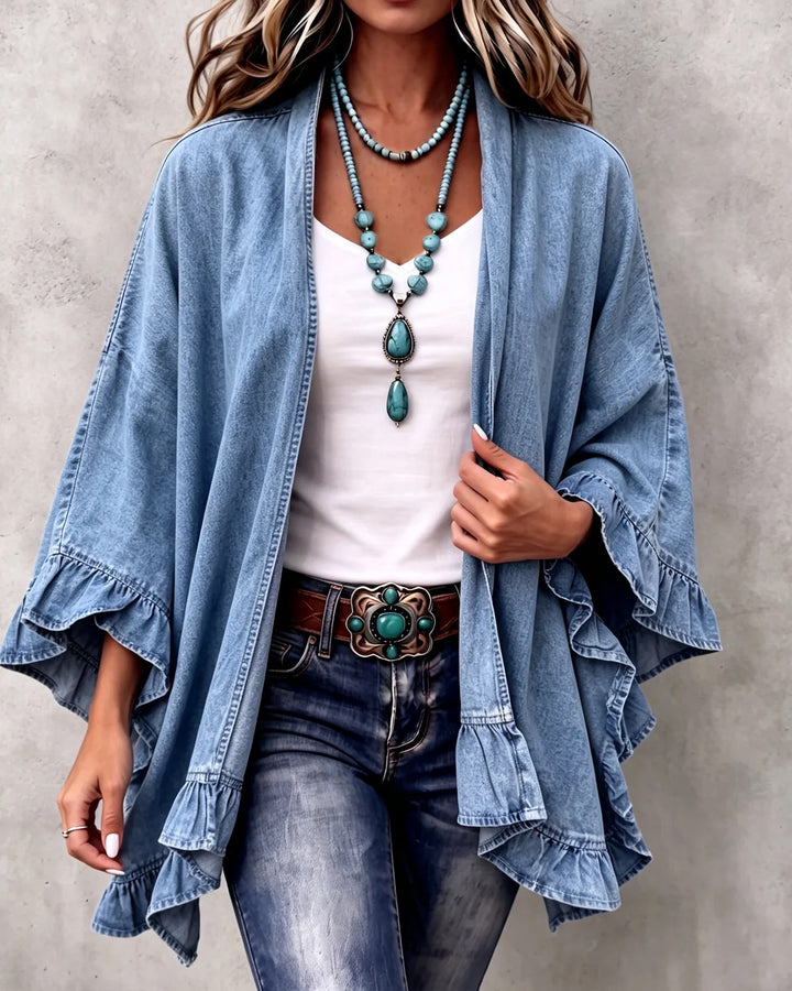 Chic Boho Denim Ruffle Trim Cardigan