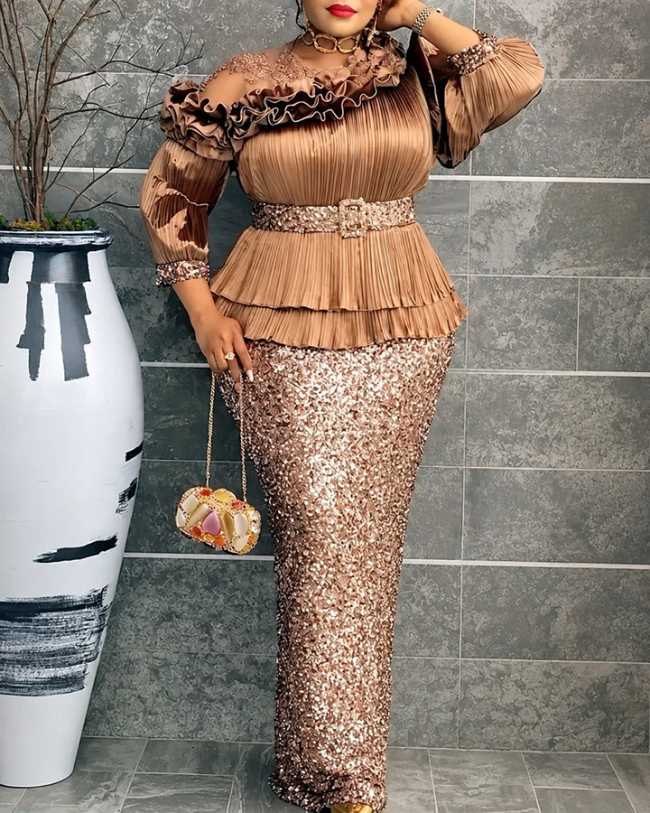 Plus‑Size Pleated Ruffle Peplum Sequin Maxi Dress