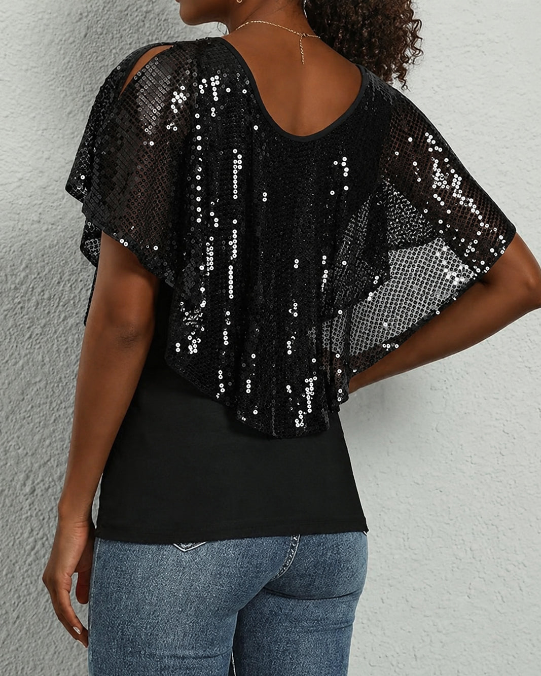 V-Neck Sequin Fake Two-Piece Top