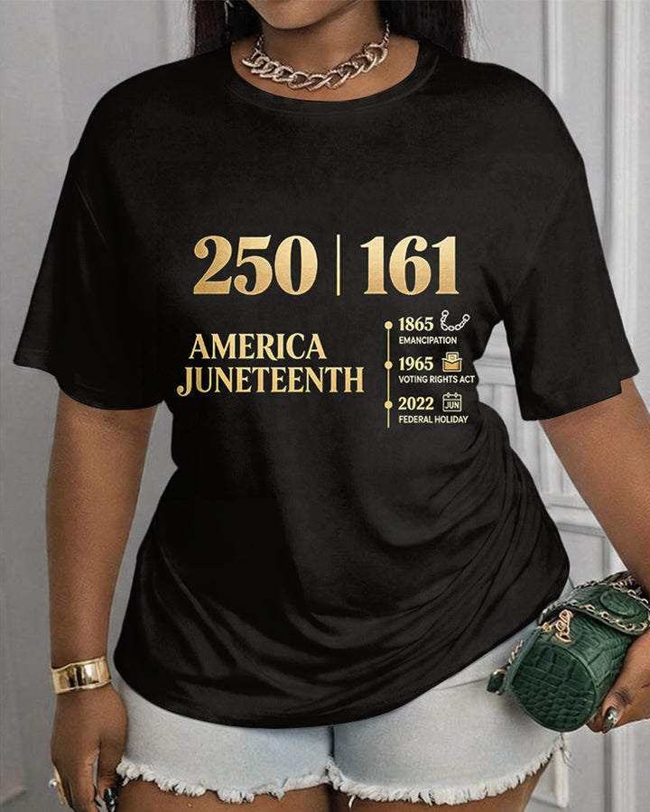 100 Cotton 250 | 161 America Juneteenth Timeline Printed Crewneck Short Sleeve T-Shirt
