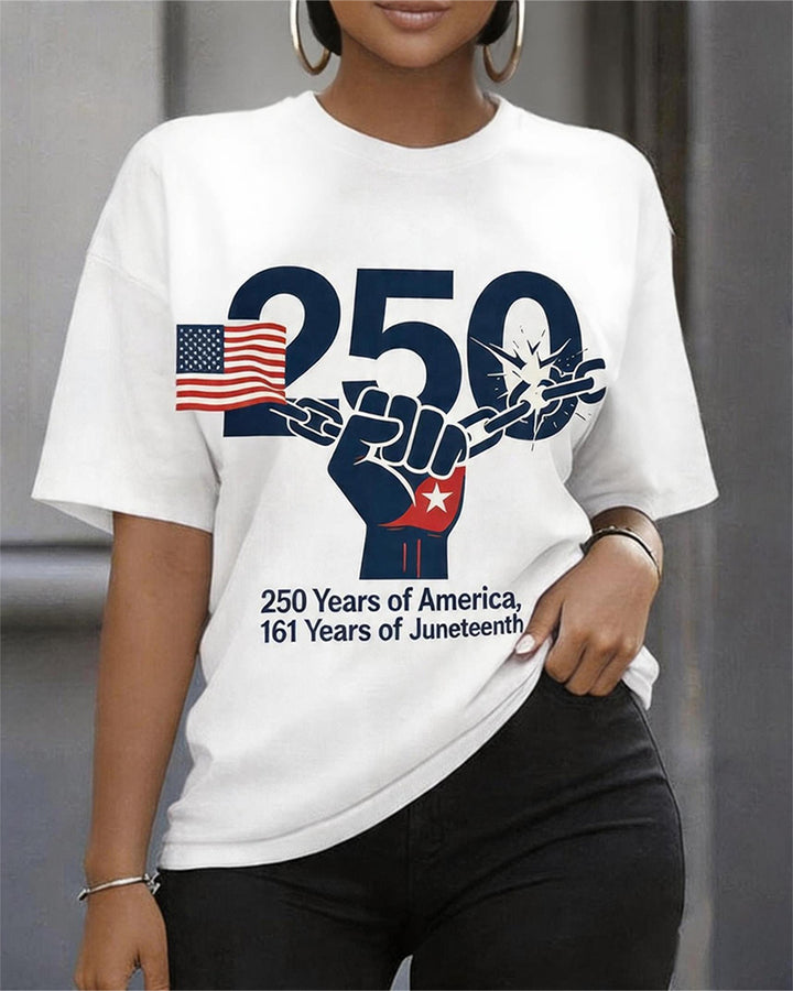 100% Cotton 250 Anniversary Juneteenth Break Free Chain Fist Print Crewneck Short Sleeve Tee