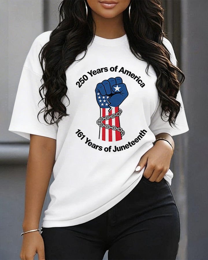 100% Cotton 250 Year US 161 Year Juneteenth Fist Chain Print Crewneck Short Sleeve T-Shirt