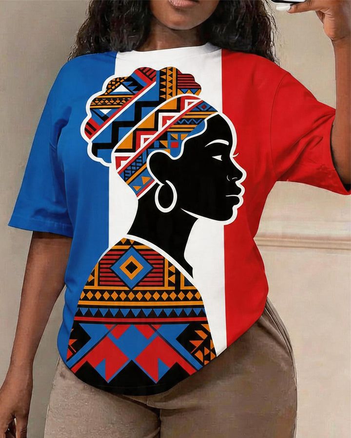 Blue, White And Red Color Matching African Women Ethnic Style Printed Round Neck Short Sleeve T-shirt