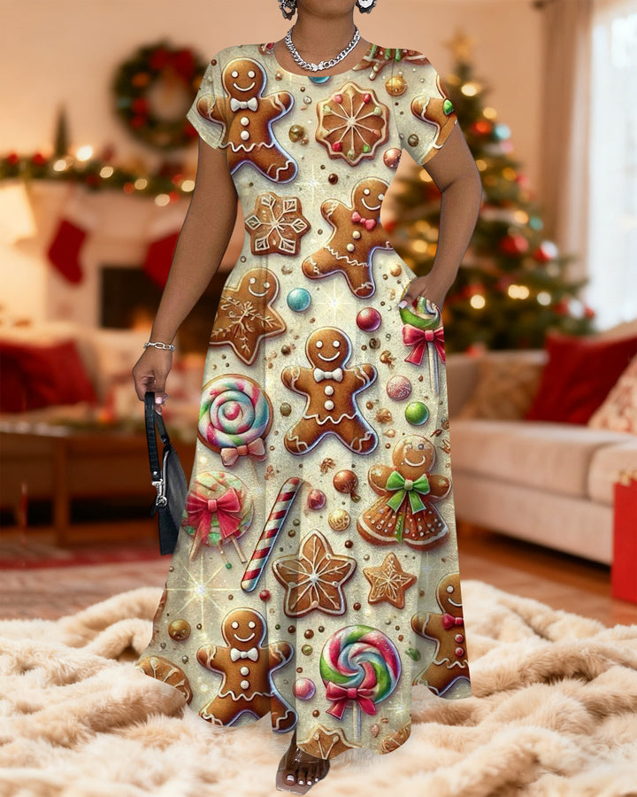 Round Neck Christmas Cute Cookies Short Sleeve Maxi Dress