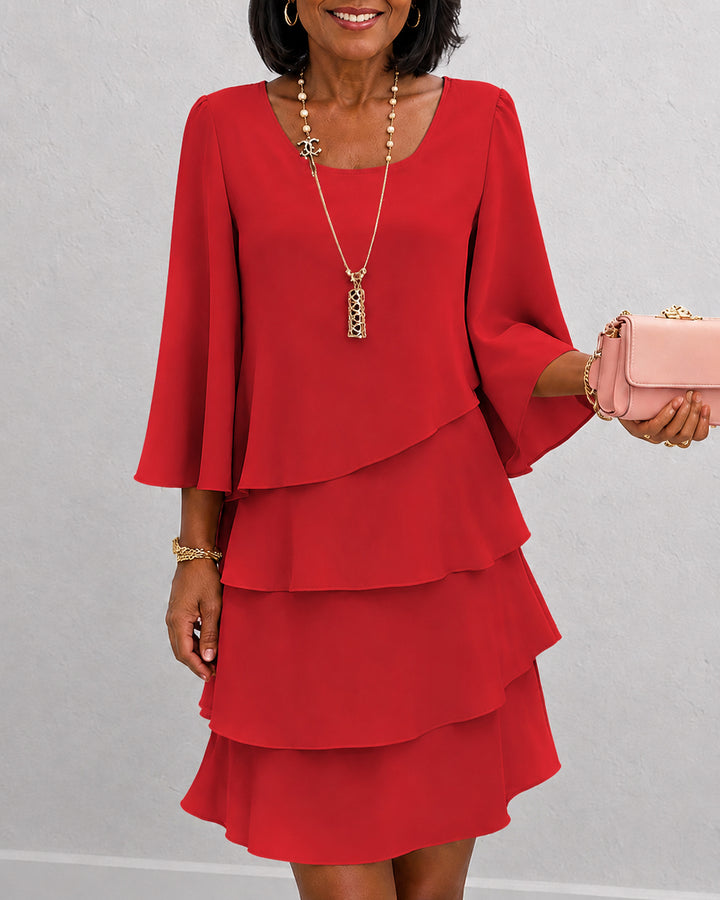 Round Neck Three-quarter Sleeves Elegant Layered Ruffle Dress