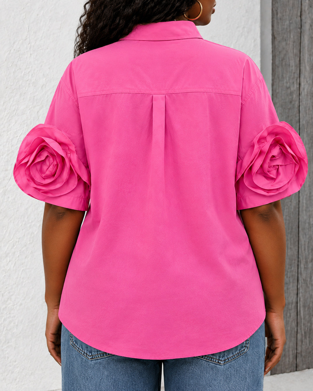 Women Solid Collared Short Sleeve Rose Floral Cuff Blouse