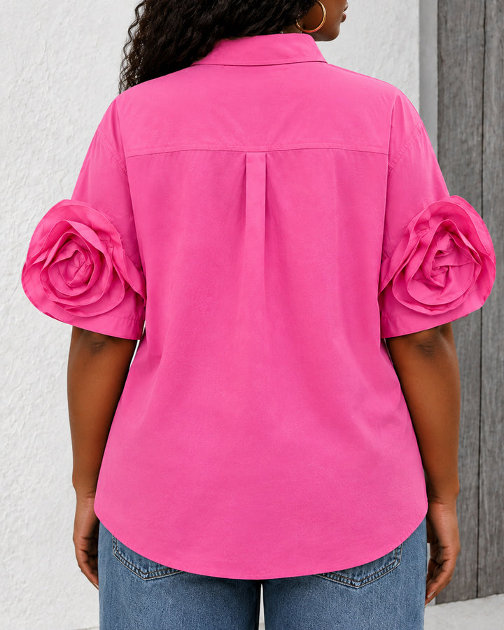 Women Solid Collared Short Sleeve Rose Floral Cuff Blouse