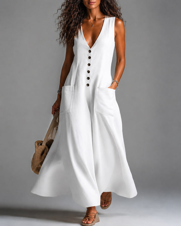 Deep V-neck Solid Color Pocket Cotton Linen Casual Dress