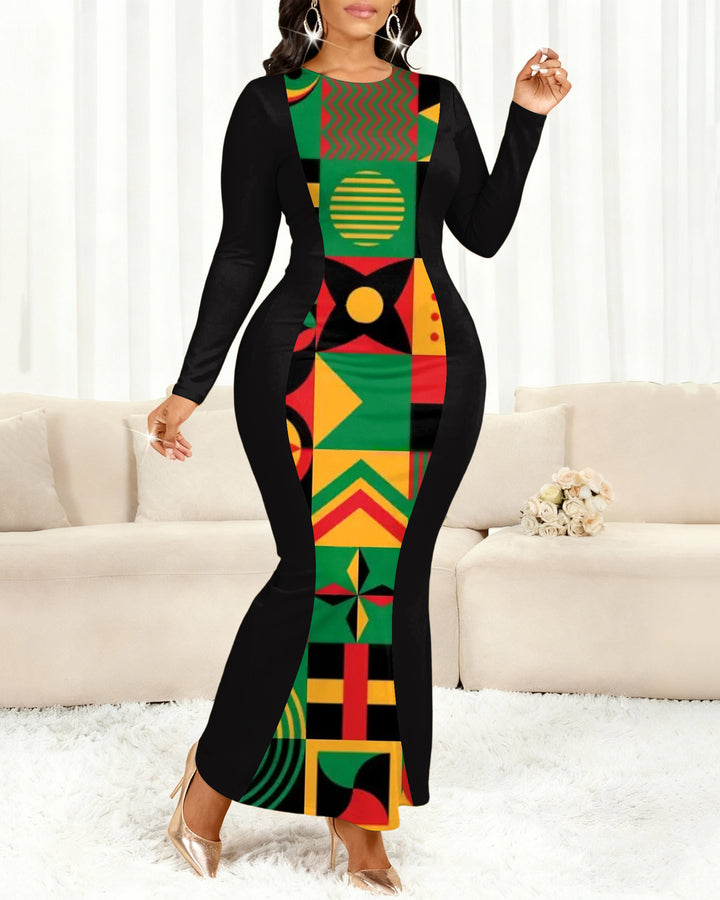 Colorful Totem Prints Round Neck Long Sleeve Bodycon Dress