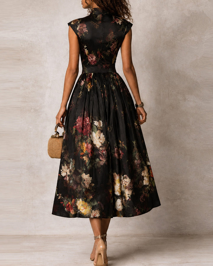 High-neck Button-down Elegant Floral Maxi Dress