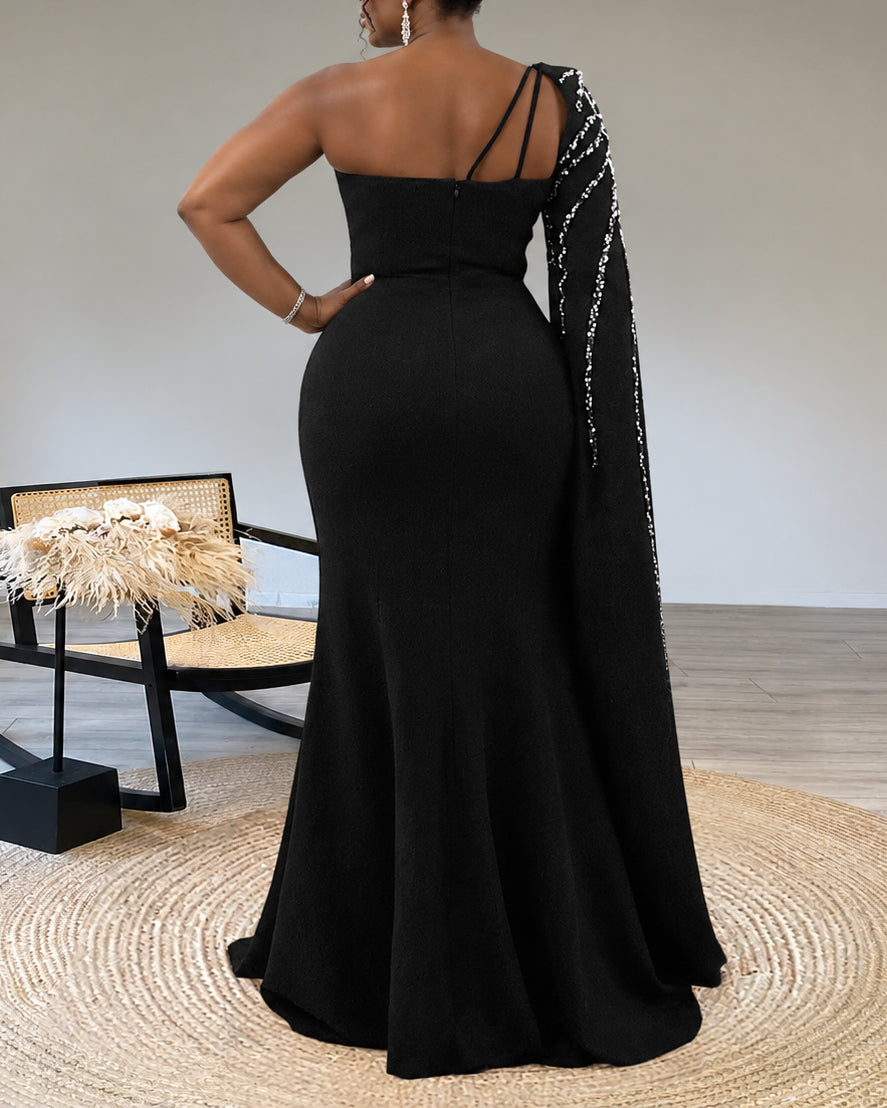 Women's Black Rhinestone Beaded Formal Mermaid Evening Gown