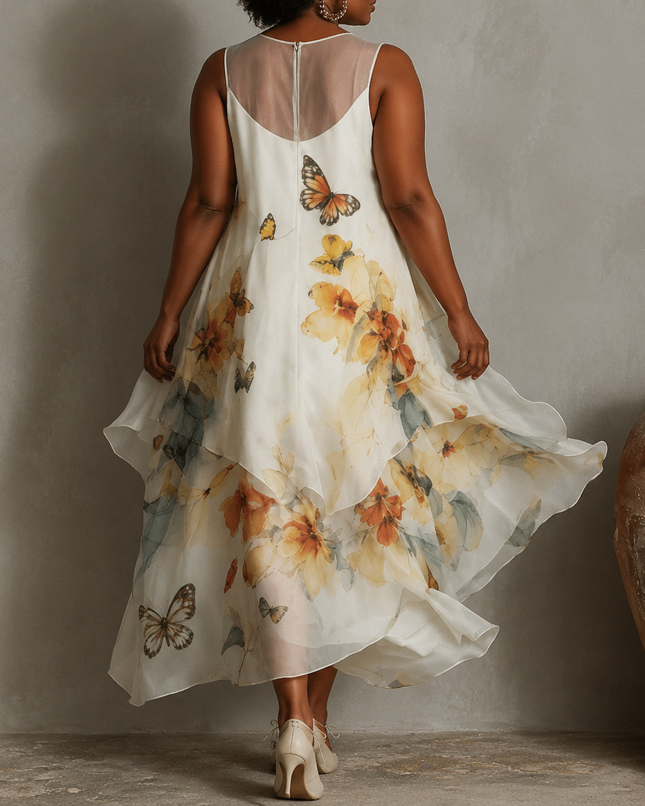 Butterfly Print Casual Crew Neck Flowy Chiffon Maxi Dress