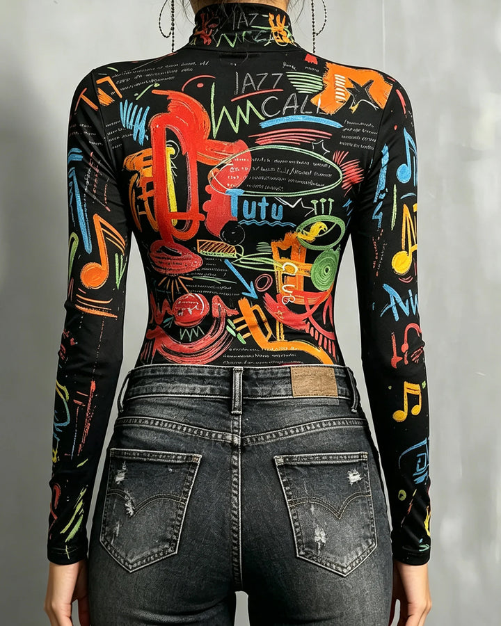 Casual Abstract Print Turtleneck Tight Fit Long Sleeve T-Shirt