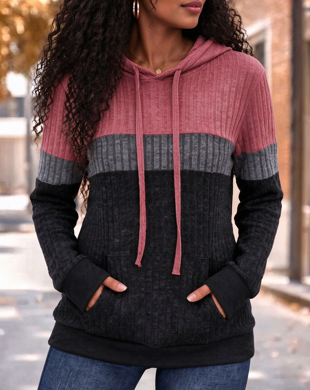 Women's Ribbed Knit Patchwork Long Sleeve Tunic Hoodie