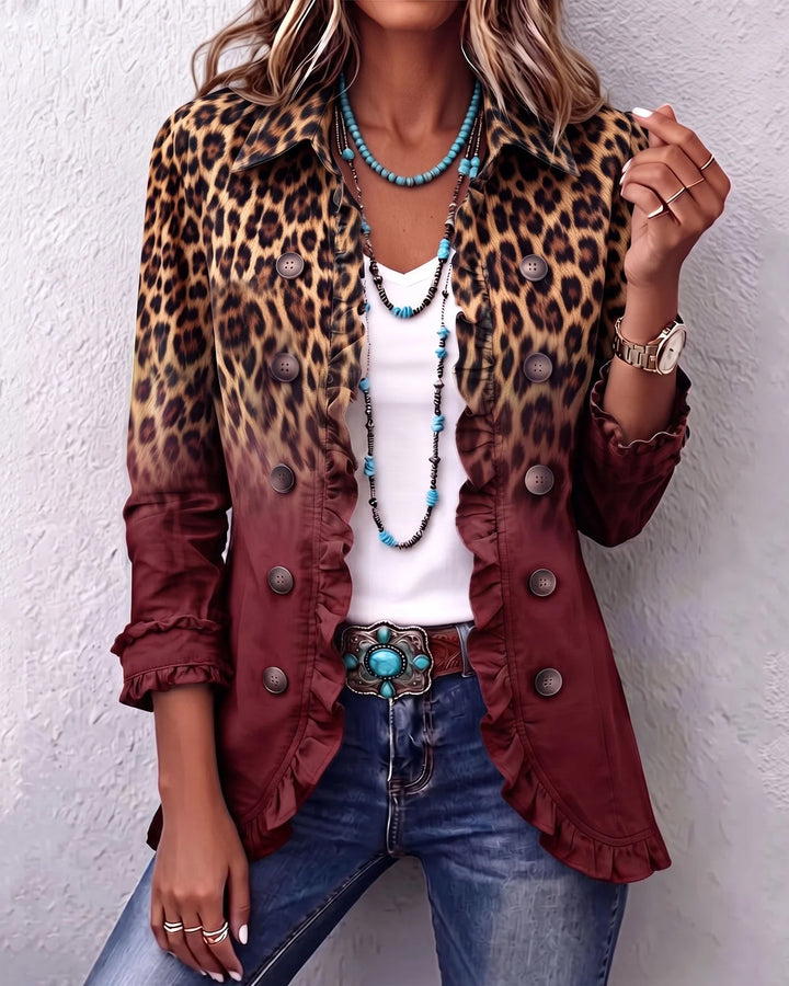 Boho Leopard & Teal Ruffle Blazer Jacket
