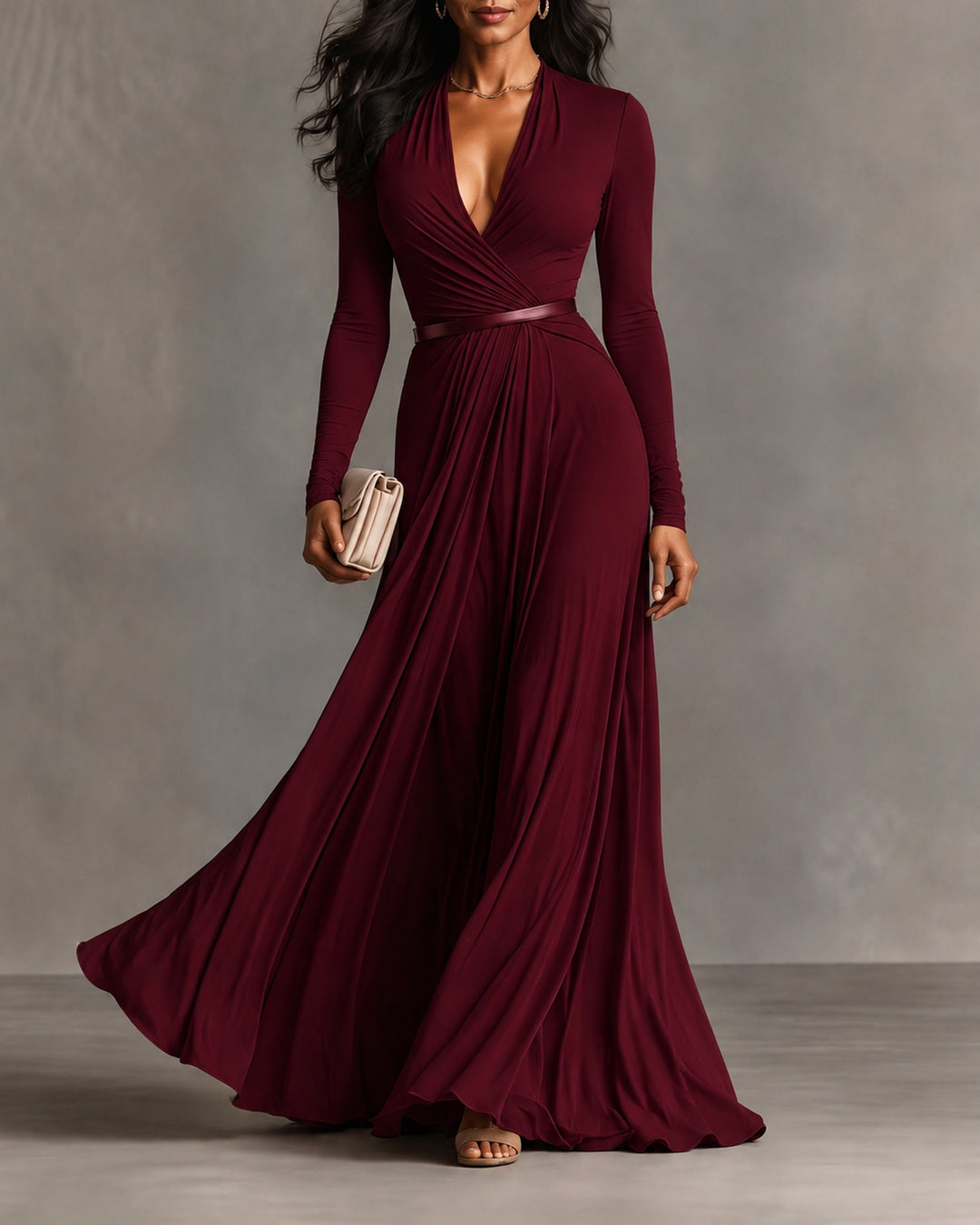 V-Neck Long Sleeve Solid Color Elegant Flared Maxi Dress