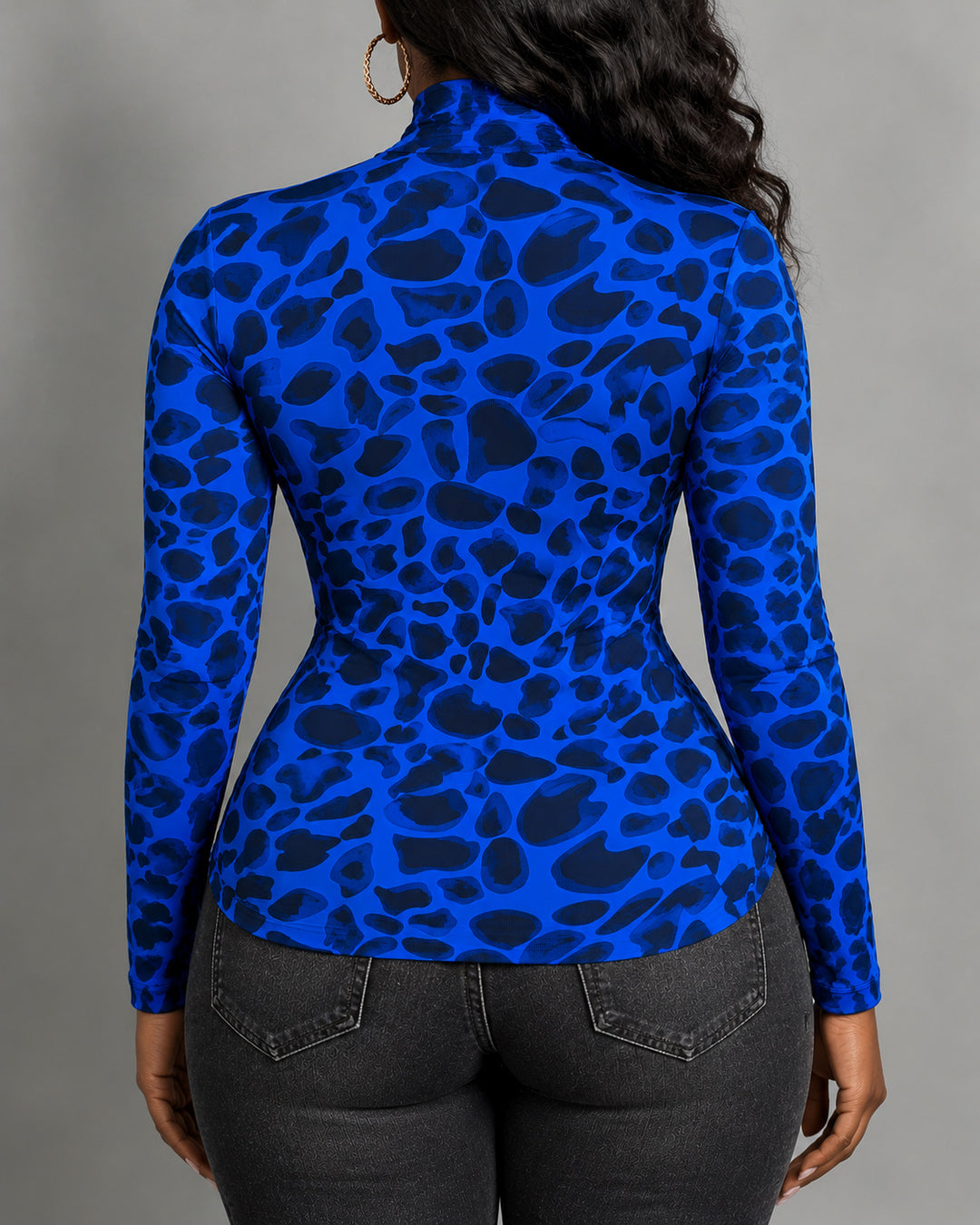 Blue Leopard Print Turtleneck Tight Fit Long Sleeve T-Shirt