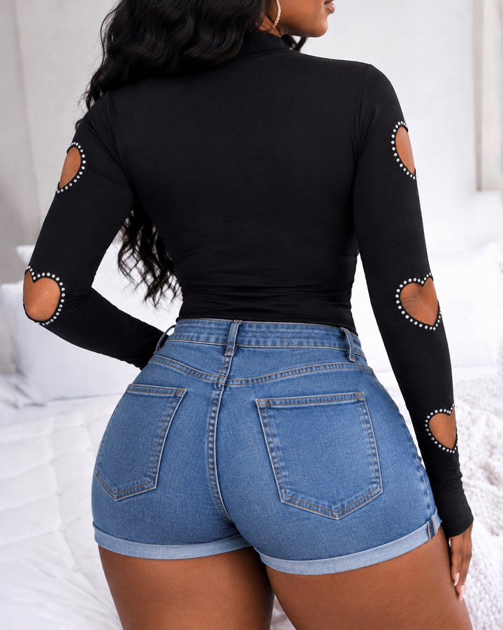 Women's Mock Neck Rhinestone Heart Cutout Long Sleeve Top