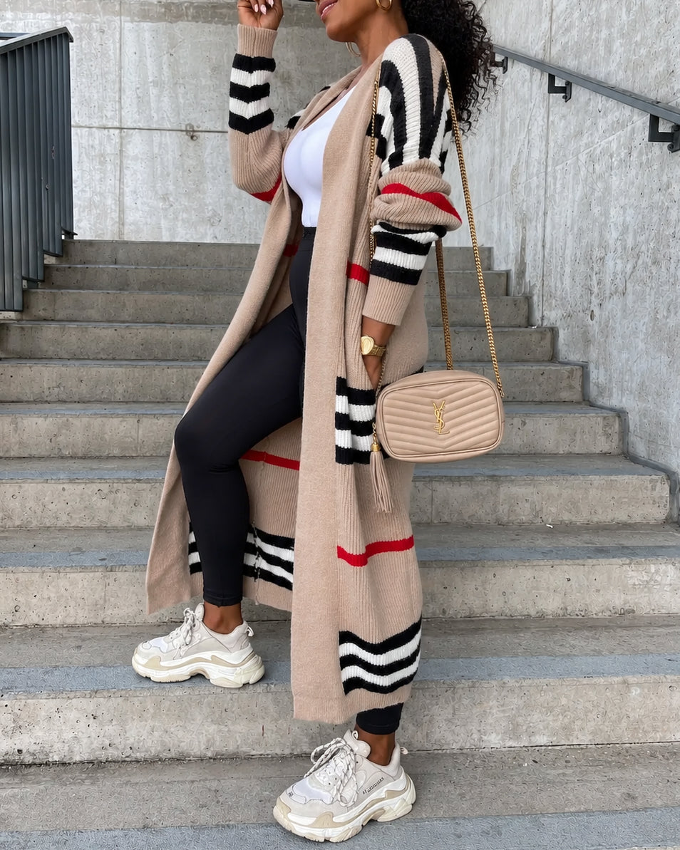 Color Block Striped Open Front Long Knit Cardigan