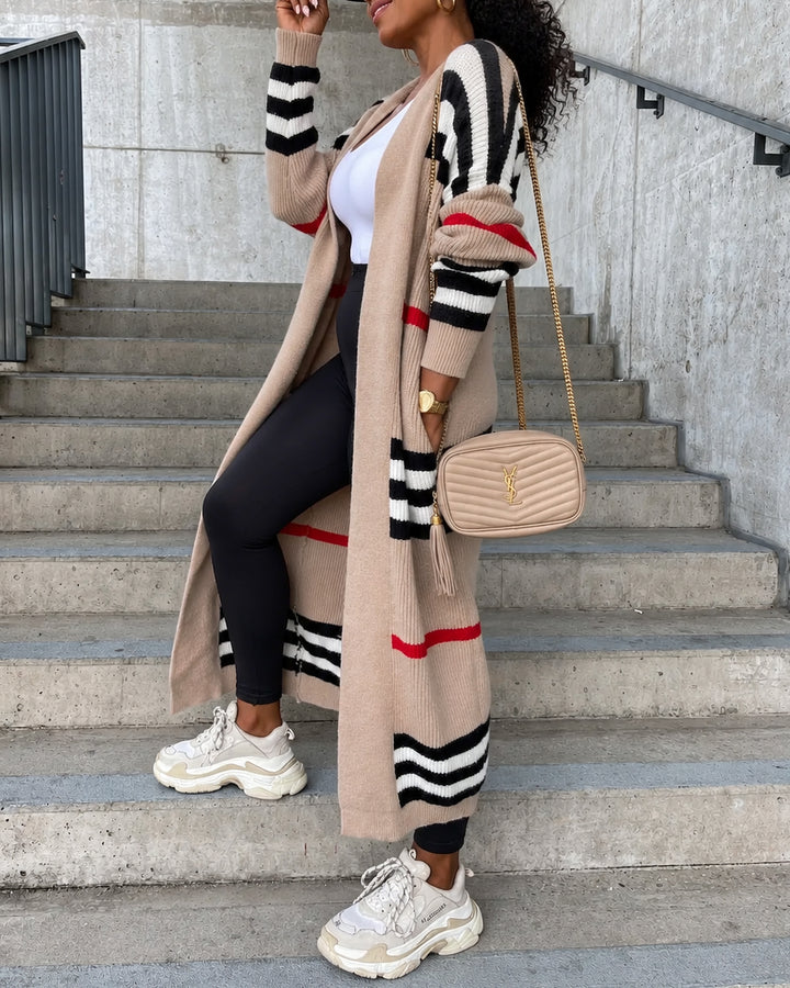 Color Block Striped Open Front Long Knit Cardigan