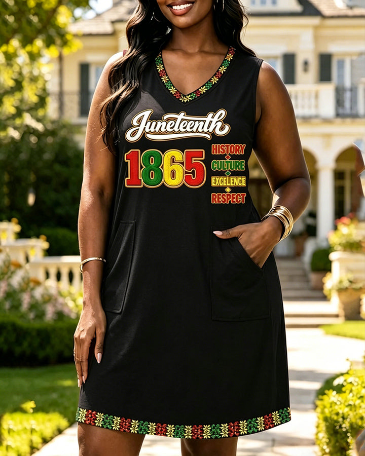 Juneteenth 1865 Black Power V-neck Mini Dress With Pocket