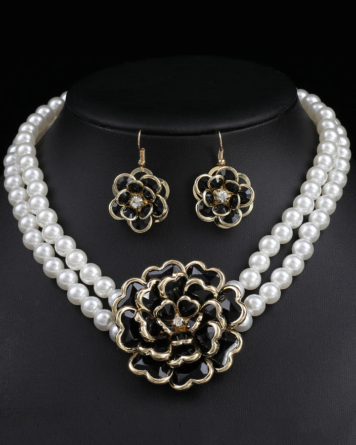 Pearl Camellia Earrings and Necklace Two-Piece Set