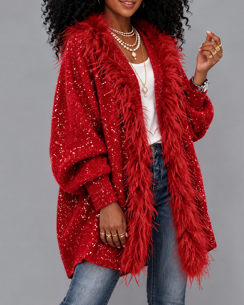 Long Sleeve Fuzzy Feather Trim Loose Sparkly Sweater Coat