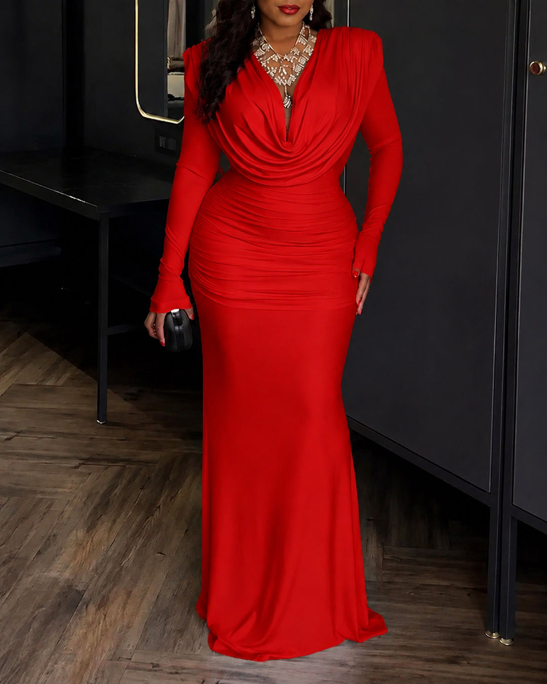 V-Neck Ruched Long Sleeve Waist-Cinched Mermaid Bodycon Maxi Dress