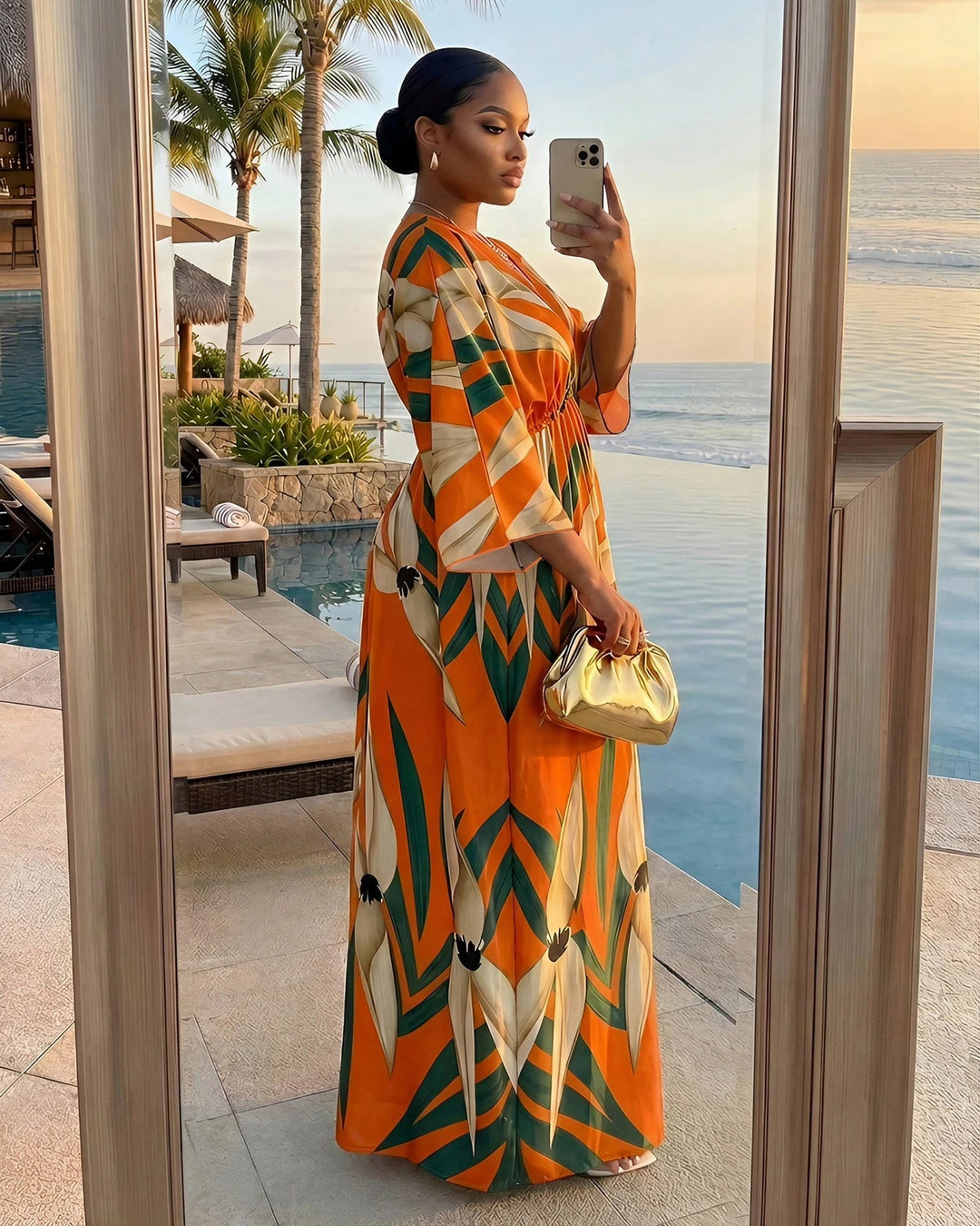 Bohemian Floral Print Deep V-Neck Slit Thigh Vacation Dress