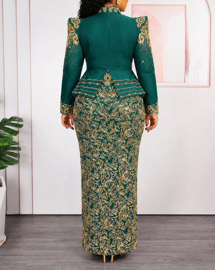 Plus Size Emerald Green Gold Embroidered Maxi Formal Gown